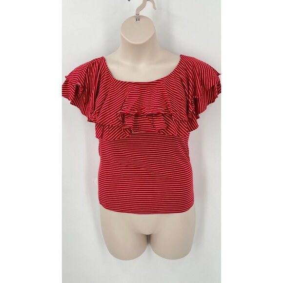 Polo Ralph Lauren Ladies Ruffle Trim Top Size M Red Stripe - Picture 1 of 8